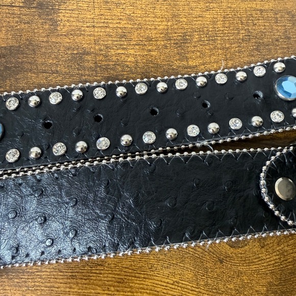 ATLAS Rhinestone Western Bling Belt Size 30-35 Black Embellished Silver Buckle - Picture 11 of 16